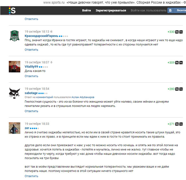 Скриншот мнений на Sports.ru о хиджабах